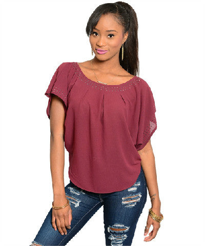 Pretty Good Women's Studded Trim Wine Top Sz S, M, L - iFIVE FASHIONHOUSE