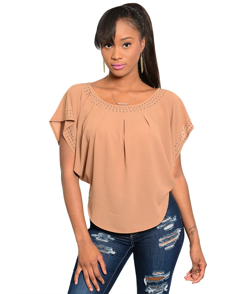 Pretty Good Women's Studded Trim Taupe Top Sz S, M, L - iFIVE FASHIONHOUSE