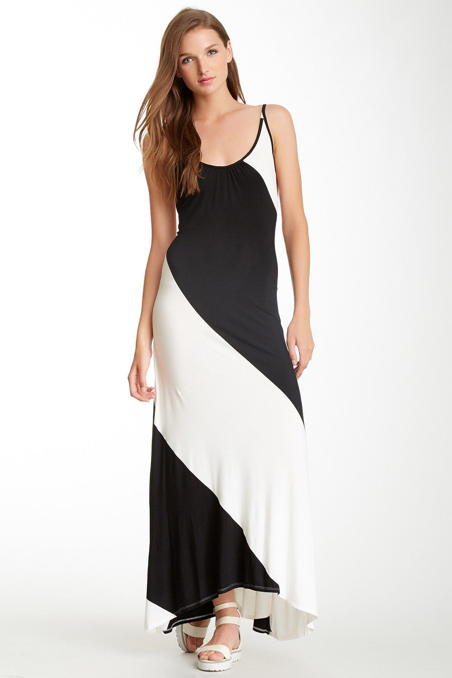 Gracia Women's Swirl Striped Colorblock Jersey Maxi Dress Sz L