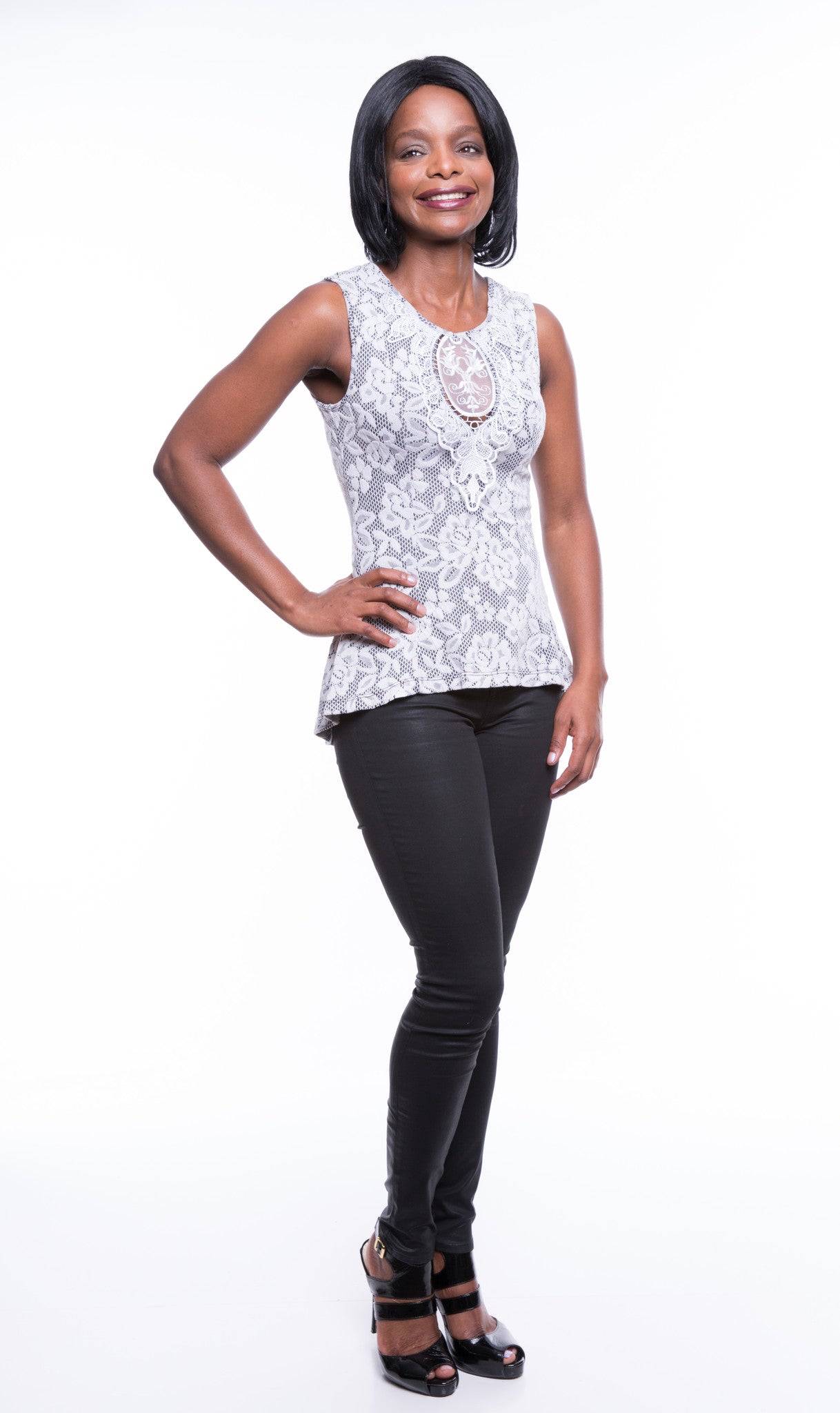 Kimcine Women's Lace Printed Ivory-Black Top Sz S, M, L - iFIVE FASHIONHOUSE