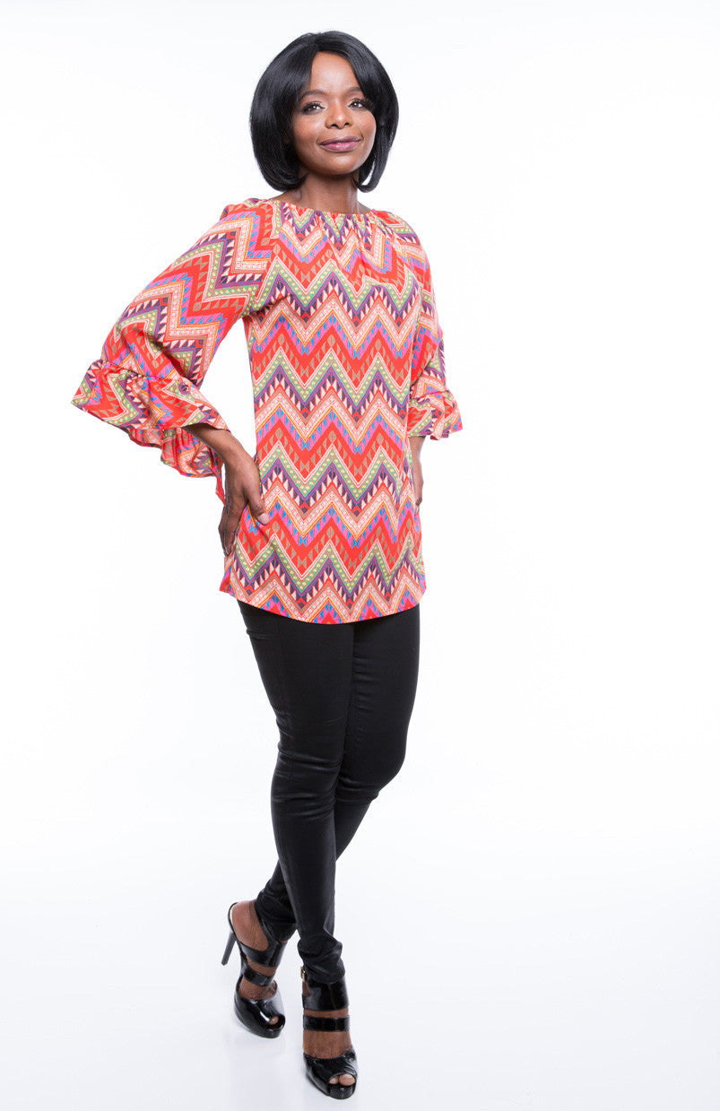 Si Avance Women's Orange Zigzag Ruffled Women's Top Sz S, M, L