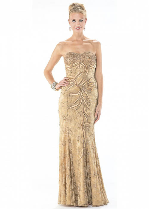 Moshita Women's Lace Strapless Satin Gold Long Dress Sz 4 - iFIVE FASHIONHOUSE