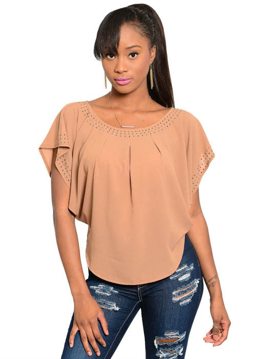 Pretty Good Women's Studded Trim Taupe Top Sz S, M, L - iFIVE FASHIONHOUSE