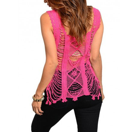 CALS Women's Fuchsia See-through Crotchet Top Sz S, M, L - iFIVE FASHIONHOUSE