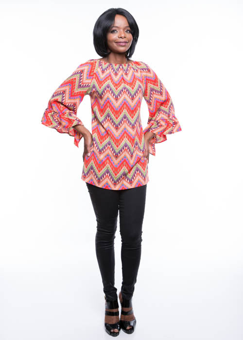 Si Avance Women's Orange Zigzag Ruffled Women's Top Sz S, M, L - iFIVE FASHIONHOUSE
