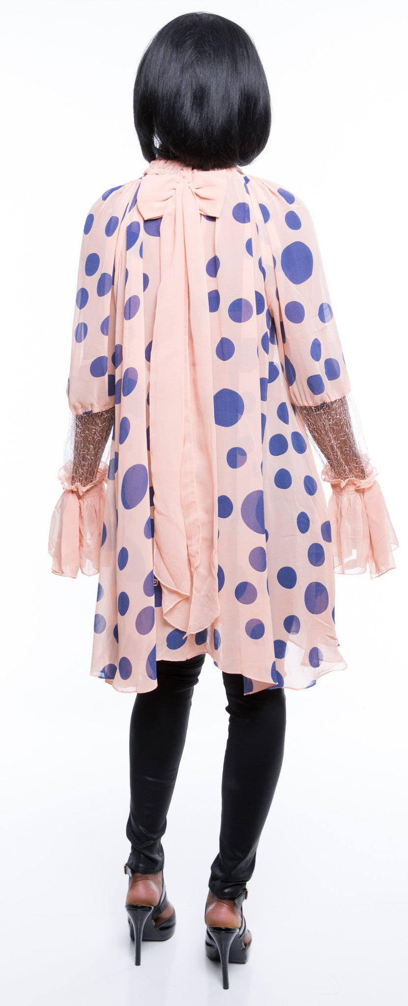 Gracia Women's Chiffon Polka Dot Ruffle Neck Sheer Dress Sz S, M, L