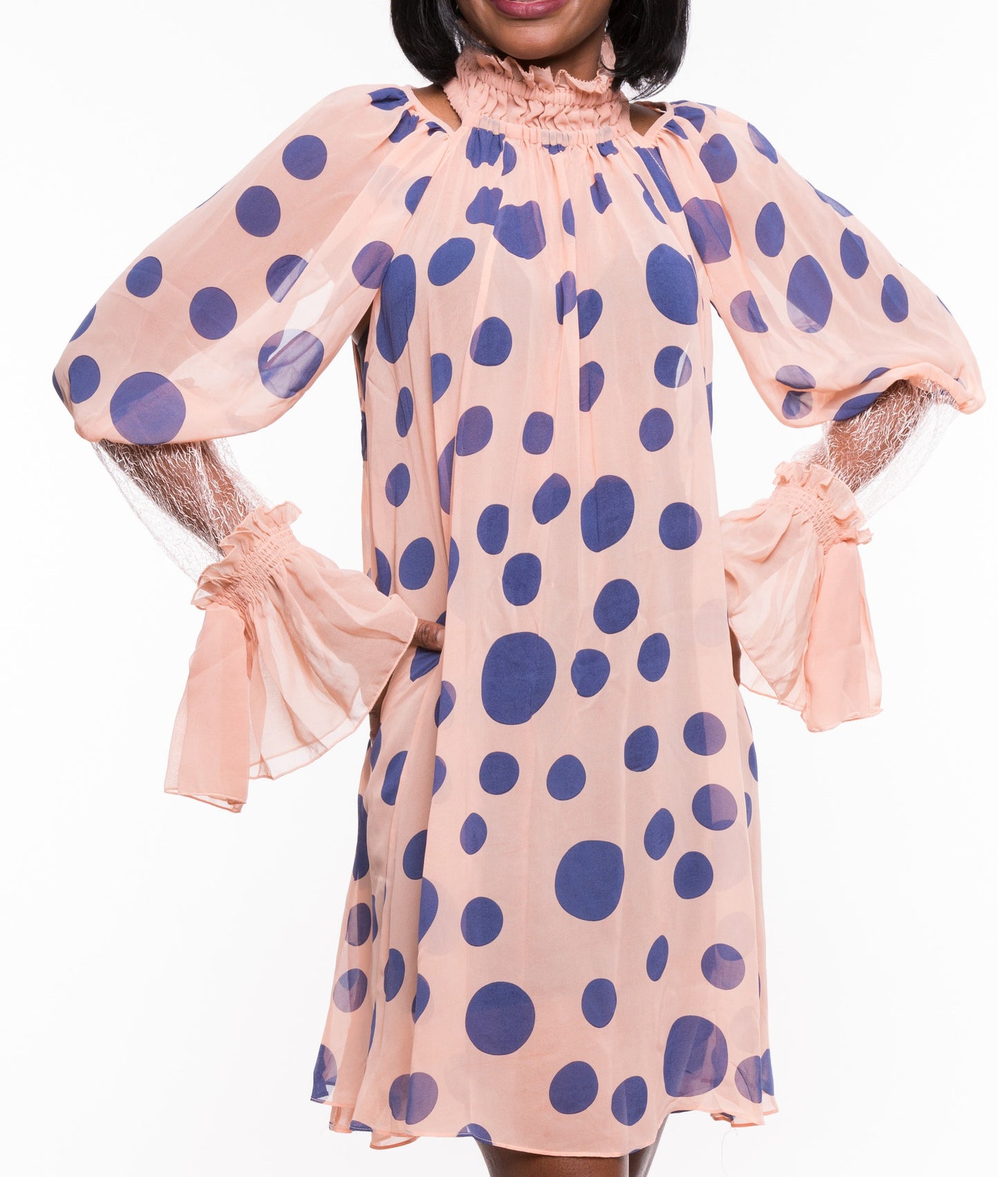 Gracia Women's Chiffon Polka Dot Ruffle Neck Sheer Dress Sz S, M, L
