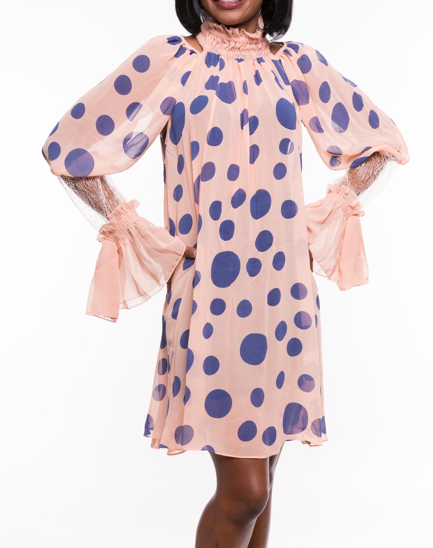 Gracia Women's Chiffon Polka Dot Ruffle Neck Sheer Dress Sz S, M, L