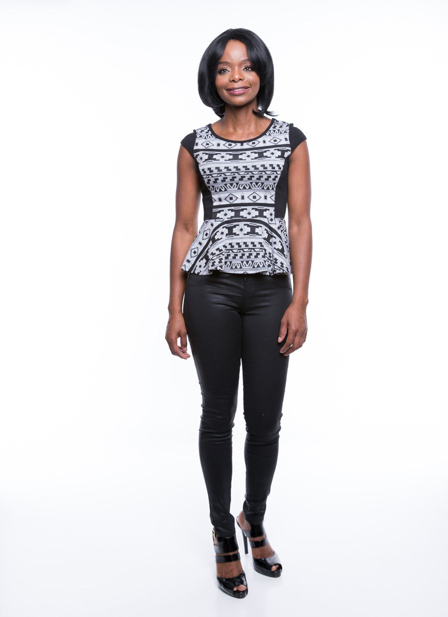 Must Have Women's Peplum Tribal-Print Ivory-Black Top Sz S, M, L - iFIVE FASHIONHOUSE