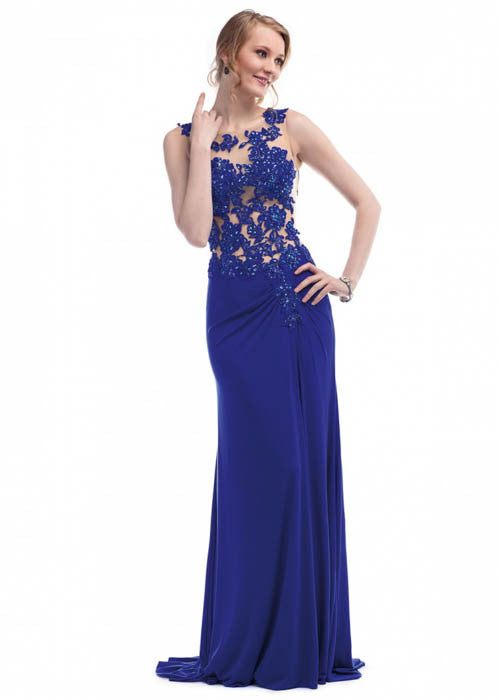 Moshita Women's Jersey Lace Nude Royal Long Dress Sz 2 - iFIVE FASHIONHOUSE