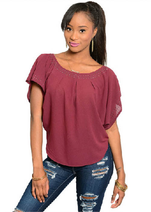 Pretty Good Women's Studded Trim Wine Top Sz S, M, L - iFIVE FASHIONHOUSE