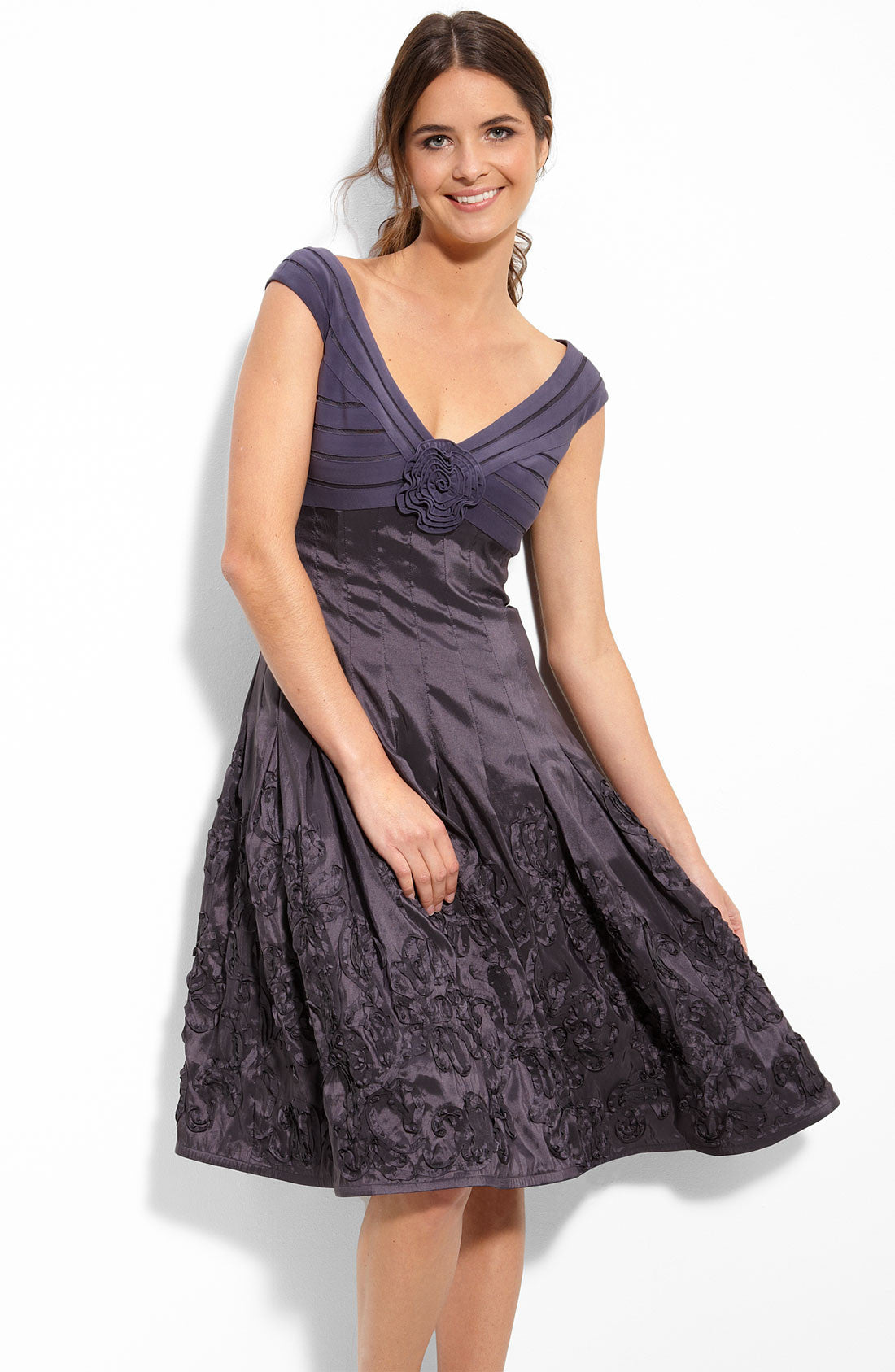 adrianna papell jersey taffeta dress Grey Three Quarter Sleeve Beaded Taffeta Combo Gown