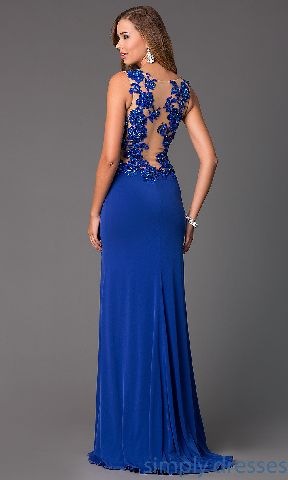 Moshita Women's G237 Jersey Lace Nude Royal Long Dress Sz 2